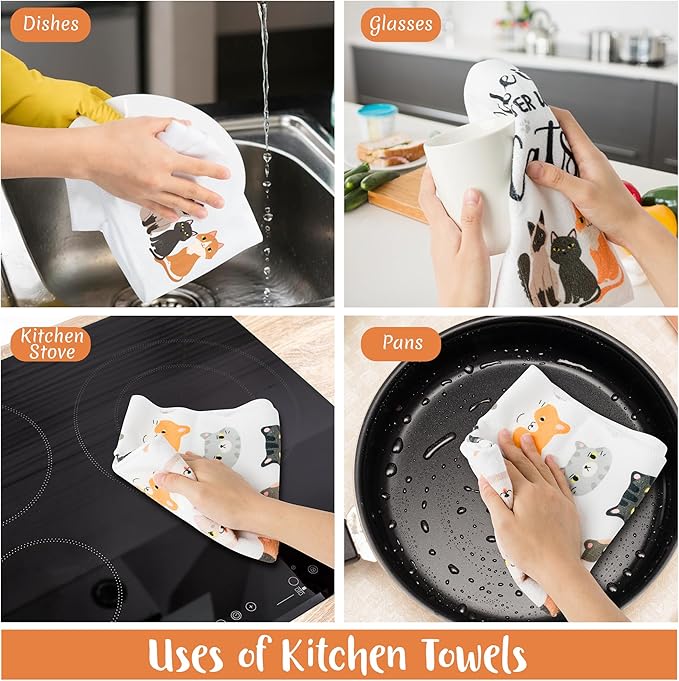 R HORSE 5Pcs Funny Kitchen Dish Towels, Cute Cat Dishcloths Gift, Absorbent Dish Tea Towels Reusable Bar Hand Dishcloths Decor for Bathroom Kitchen Home Supplies Gift for Mom Woman Cat Lovers