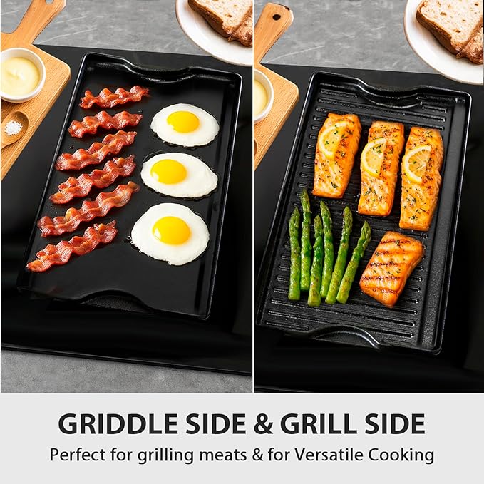 Utheer Griddle Kit, 16.5" x 10.5" Reversible Cast Iron Flat Top Griddle with 5-Piece Scratch-Free Silicone Tools, Ceramic Nonstick Grill Griddle for Stove Top, Gas Grill, BBQ and Camping