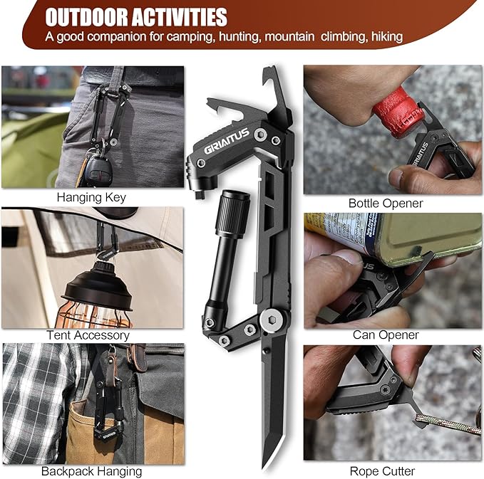 Carabiner Multitool 8-in-1 EDC Carabiners Pocket Knife, Serrated Knife, Rope Cutter, Screwdriver, Can Bottle Opener, Ruler, Survival Gear for Camping Climbing Hiking, Gifts for Men (Black)