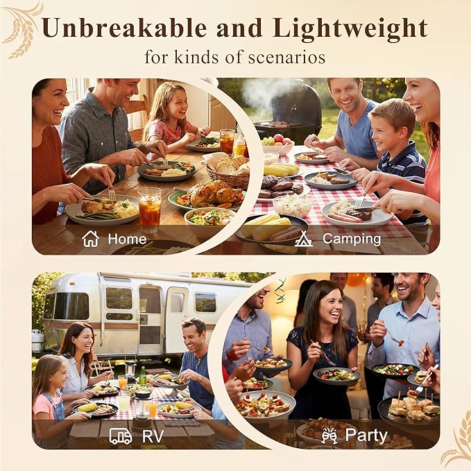 Salad Plates Set for 8, Unbreakable Wheat Straw Plates 9 Inch, Round Dinner Plates for Camping, Picnic, Travel, Microwavable Kitchen Plates for Vegetable, Charcuterie, Pizza - BlackGrey