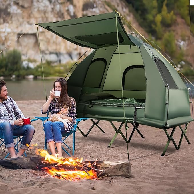 LDAILY Camping Tent Cot, 5 in 1 Off Ground Elevated Tent with Air Mattress, Sleeping Bag & Pillow, Folding Camping Cot Combo with Carrying Bag for Outdoor Hiking, RV, Picnic, Field Backyard (2 Person)
