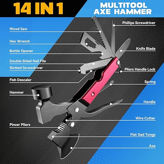 Gifts for Men, 15 in 1 Multitool Axe for Camping, Hunting, Hiking, Birthday Gifts for Men, Dad, Him, Husband, Boyfriend, Women, Mens Gift from Daughter, Wife, Son, Red