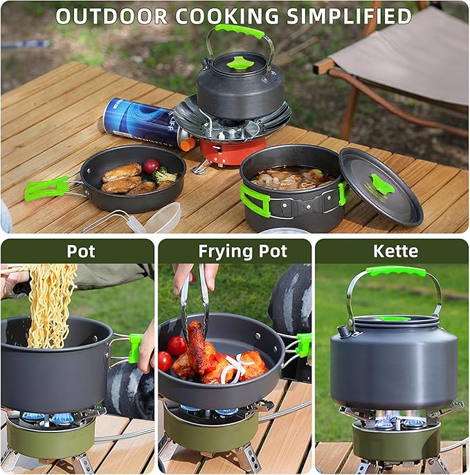 aiGear 3pcs Camping Cooking Set for 1-2 People, Lightweight Foldable Pot Pan Kettle with Storage Bag, Backpacking Cooking Set for Hiking Picnic Camping