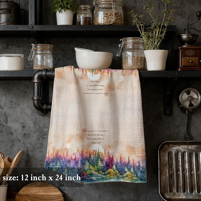 Watercolor Forest Christian Kitchen Towels 16x24,Christian Gifts for Women，Psalm 61:2 Bible Verse Religious Hand Towels for Bathroom Kitchen