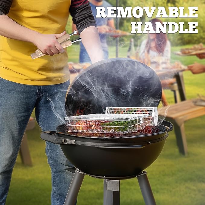ivtivfu Grill Basket Set, Removable Wooden Handle, 304 Stainless Steel, Rolling BBQ Tools, Smoker Grilling Accessories for Vegetable Fish, Outdoor Cooking Camping, Birthday Gifts for Men Dad Husband