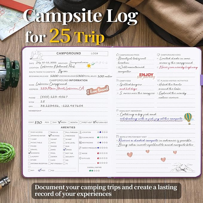 JUBTIC Camping Journal and RV Travel Log Book, A5 Adventure Journal for 25 Camping, Hiking Journal, Family Travel Books Camper Essentials Camping Gifts for Women-Purple