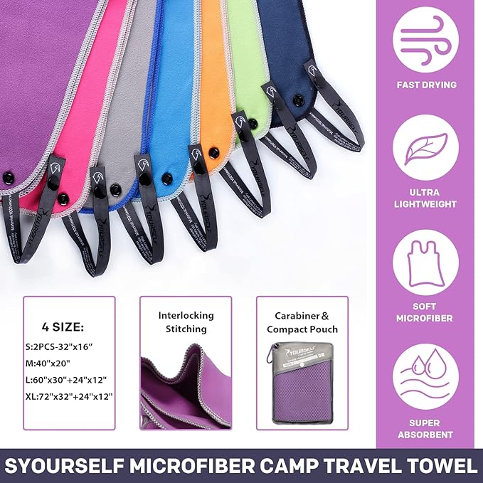 SYOURSELF 2 Pack Microfiber Camping Towel, Quick Dry Towel, Soft Absorbent Compact Travel Gym Workout Sweat Towel for Beach Yoga Swim Travel Camping Hiking Backpack Essentials (L:60"x30"+12"x24")