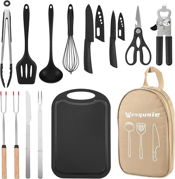 Wesqunie Camping Essentials Cookware Cooking Utensils Set - Portable Camp Kitchen Mess Kit Outdoor Accessories, Stainless Steel & Silicone, Camping Gear Equipment for RV Picnic Grill, 14PCS Khaki
