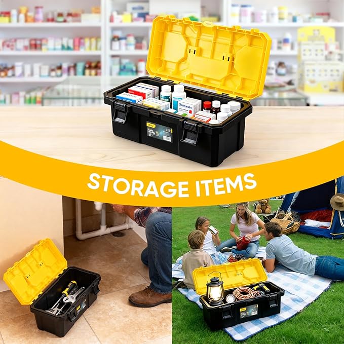 18 Inch Tool Box with Lock, 2-Layer Heavy-Duty Organizer with Removable Tray, Liftable Lid for Small Parts, 29lb Capacity & Carry Handle for Tools, Camping, Medical Supply Storage