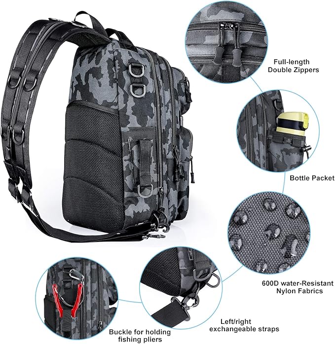 PLUSINNO Fishing Backpack, Fishing Bag, Waterproof Fishing Sling Tackle Bag For Fishing Gear With Rod Holder, Fishing Gifts for Men
