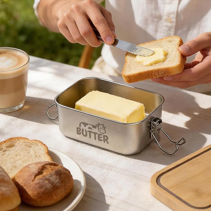 Stainless Steel Butter Dish with Lid, Airtight Cow Butter Keeper for Refrigerator & Countertop, Kitchen, Camping & Travel,Fits East Coast Butter (Small)