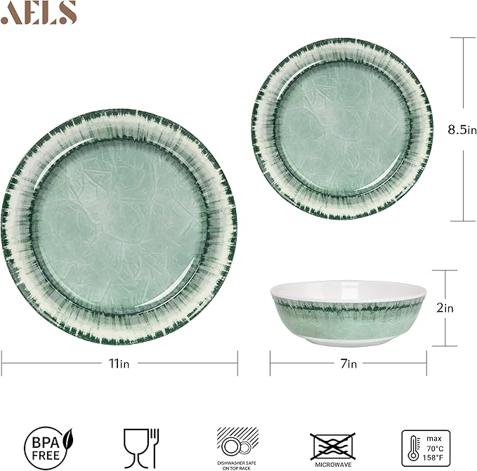 AELS Melamine Dinnerware Set of 12 Pcs Dinner Dishes Set for Indoor and Outdoor Use, Dishwasher Safe, Lightweight Unbreakable, BPA Free, Sage Green