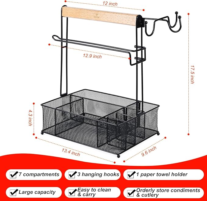 VIKEYHOME Grill Caddy, Picnic BBQ Organizer for Camping Outdoor Mesh Basket with 3 Hanging Hooks and Paper Towel Holder, Ideal Table Storage Tools for RV Camper/Tailgating/Flatware