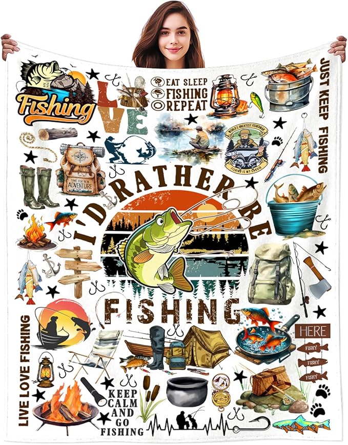 Fishing Blanket Fishing Gifts for Men Stuff Plush Fish Blankets and Throws Fishing Gifts for Fisherman Fishing Lovers Men Women Boys Teens Birthday Party Decorations Camping Hiking 60"X50"