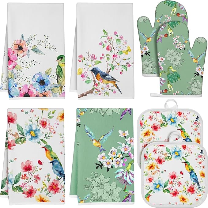 Hahafelt 8 Pcs Birds Kitchen Gift Dish Towel Pot Holder Oven Mitt Set 4 Tent Car Tea Towels with Funny Sayings Novelty 2 Oven Mitts 2 Pot Holders Coffee Accessories Decor for Rv