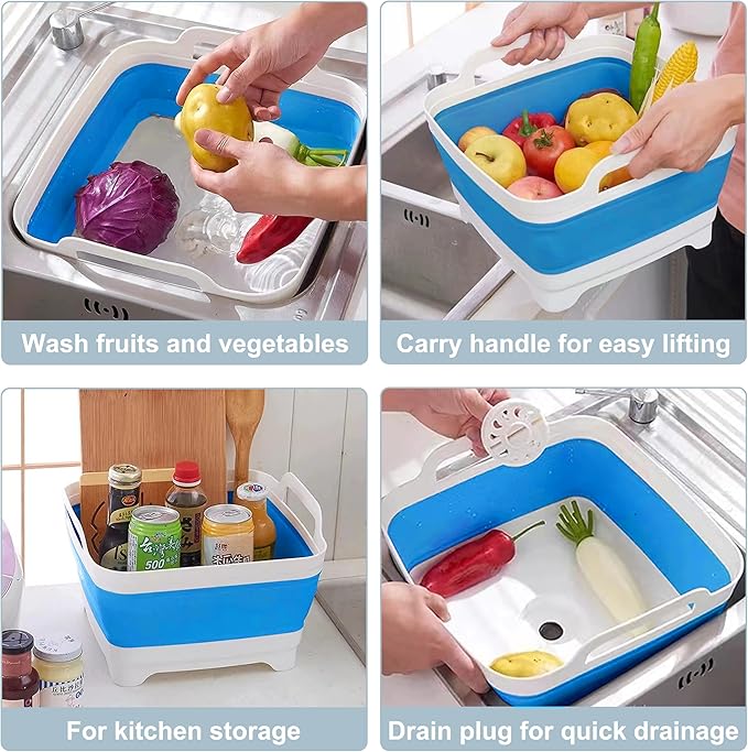 2.4 Gal(9L) Collapsible Dish Basin with Drain Plug, Space Saving Outdoor Multiuse Foldable Sink Tub, Dishpan, Kitchen Storage Tray for Camping, Vegetable Washing, RV (Blue)
