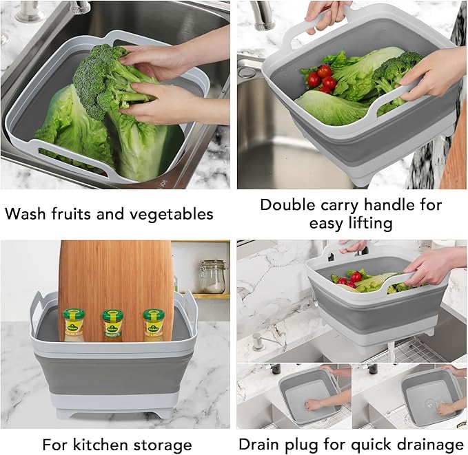 Tiawudi Dishpan for Washing Dishes, 2.4Gal/9L Wash Basin with Draining Plug Carry Handles, Collapsible Bucket for Cleaning, Portable Sink, Foldable Plastic Tub, 1PC