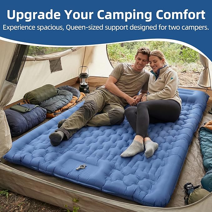 Camping Sleeping Pad, 5.1" Extra-Thick Camping Mattress with Pillow, Built-in Foot Pump Ultralight Inflatable Sleeping Pads for Camping Hiking Backpacking Traveling Tent, Navy Blue, 2 Person