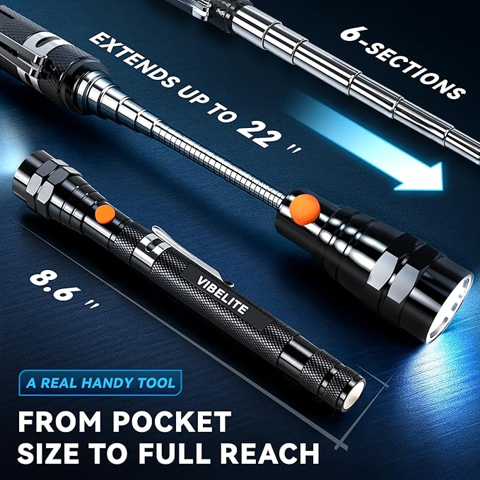 VIBELITE Extendable Magnetic Flashlight with Telescoping Magnet Pickup Tool-Cool Gadget Gifts for Men, Women, Him, Teen Boys, Husband, Dad, Father, Mechanic, Birthday Gifts for Men, Black