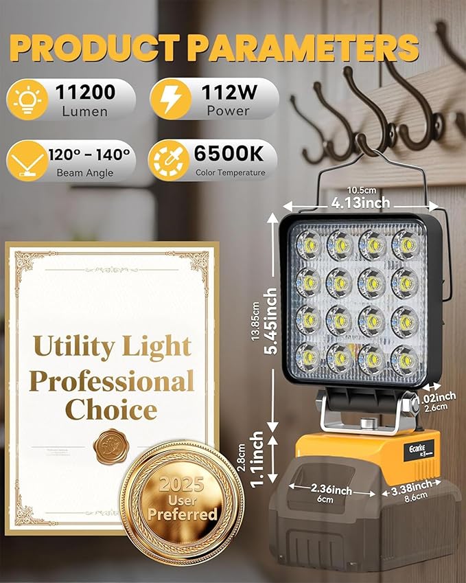 Ecarke 2 PCS Cordless LED Work Light Compatible with DeWALT 20V: 112W 11200LM Flashlight with USB & Type-C Charging Output Port, Portable Battery Flood Light Job Site, Camping, Battery Not Included