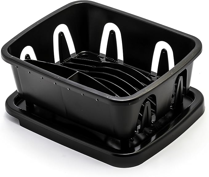 Camco RV Mini Dish Drainer & Tray - Features a Sloped Drain Tray Design, Heavy-Duty Construction - Ideal for Small Spaces, Apartments, Boats, and More -9.5" L x 11.7" W x 4.75" H - Black (43512)