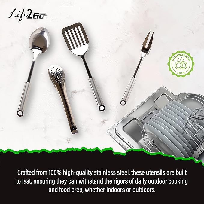 Life2Go 12 Piece Stainless Steel Camping Cooking Utensils Set, Portable Outdoor Kitchen Kit with Chef Knife, Tongs, Spatula, Scissors, Camp Cooking Gear with Carry Case for Hiking, BBQ & Travel, Gray