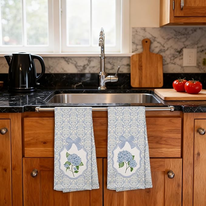 Blue and White Porcelain Chinoiserie Kitchen Towels 16x24 Set of 2, Blue Hydrangea Floral Dish Towels Tea Towels for Kitchen, Chinoiserie Decor Hand Towels for Bathroom, Grand Millenial Decor