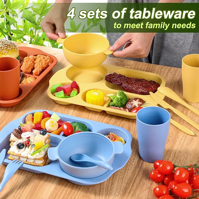 24 Pcs Wheat Straw Dinnerware Cutlery Set for Aldult Including Divided Plates Microwave Dishwasher Safe Bowl Unbreakable Tableware Straw Cutlery Spoon Knife Fork(Mixed Color)