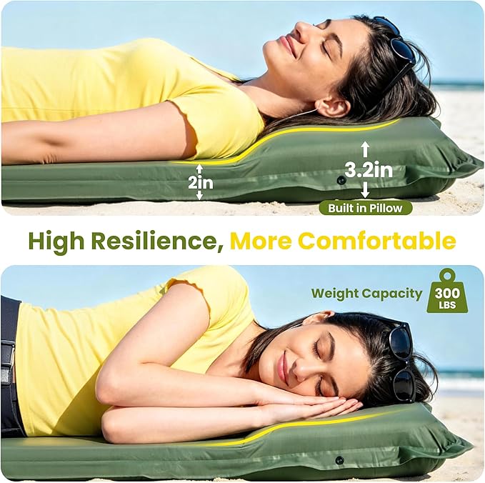 Self Inflating Sleeping Pad with Electric Pump, Memory Foam Camping Pad with Built-in Pillow, 4 Season Camping Mattress Pad, Camping Essentials Gear for Tent, Car, Hiking - Green