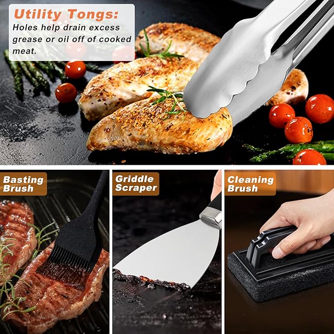 N NOBLE FAMILY 27 PCS Griddle Accessories Kit, Flat Top Grill Accessories Set for Camping, Professional Griddle Spatula Set with Melting Dome, Burger Press for Outdoor BBQ Cooking