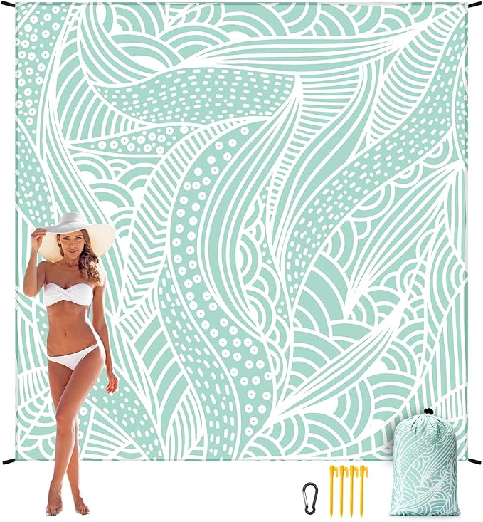 WIWIGO Beach Blanket Waterproof Sandproof Beach Mat 79" X 83"/10'x9'for 2-8 Adults Quick Drying Outdoor Picnic Mat Beach Accessories for Travel, Camping, Hiking