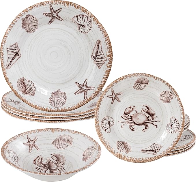 Melamine Dinnerware Sets, 12 Piece Rustic Oceanic Theme Outdoor Plates and Bowls Dinnerware Set for Patio, Farmhouse Coastal Dishes Dinnerware Set of 4, Great for Camper, RV, Multicolor