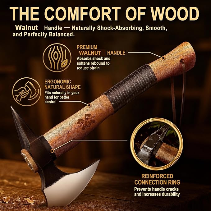 Grumpy Bear 15" Camping Hatchet, Survival Axe with Sheath, High Carbon Steel and Wood Handle, Anti-Slip Grip – Ideal for Bushcraft, Wood Splitting & Outdoor Adventures