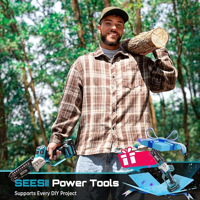 SEESII Brushless Mini Chainsaw 6 Inch, Handheld Saw with 2 * 2000 mAh Batteries, Cordless Chainsaw with Automatic Oiler, Compatible with Makita 18V Battery, Electric Saw for Tree Limb Branch Cutter