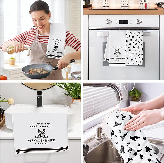 R HORSE German Shepherd Kitchen Dish Towel - 5Pcs Cute German Shepherd Cleaning Dishcloth Animal Dog Absorbent Bar Quick Dry Hand Towel Tea Towels for Dog Lovers Bathroom Kitchen Home Decors