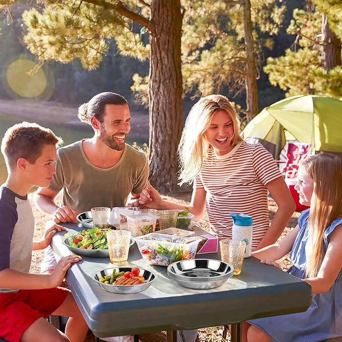 Patterned Deep Metal Camping Plates, 8 Pack 9.4 inch 304(18/8) Stainless Steel Plates, Reusable Pizza Food Serving Snack Eating Salad Dishes Round Shatterproof Silver Dinnerware Dinner Oven