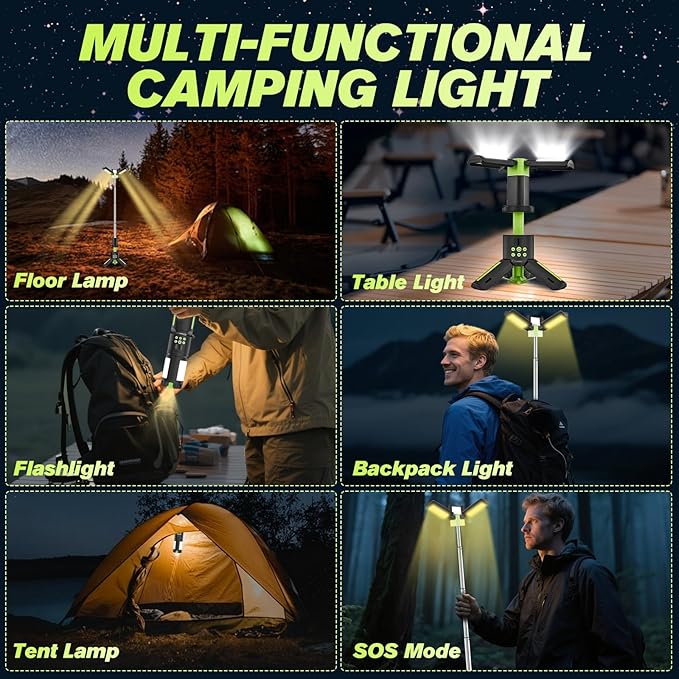 SakerPlus Portable Camping Lights with Stand, 5000LM Rechargeable LED Flashlight, 9 Color Modes, Collapsible Camping Lantern Tent Light with Magnetic Base for Power Outages, Camping & Emergency(Green)