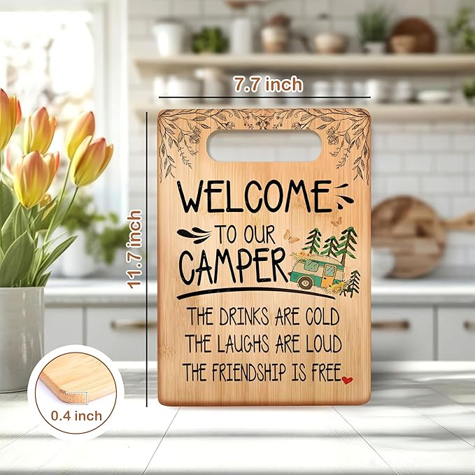 Camping Welcome Cutting Chopping Board, Gifts for Camping Lovers Campers, Welcome to Our Camper Bamboo Cutting Boards for Kitchen