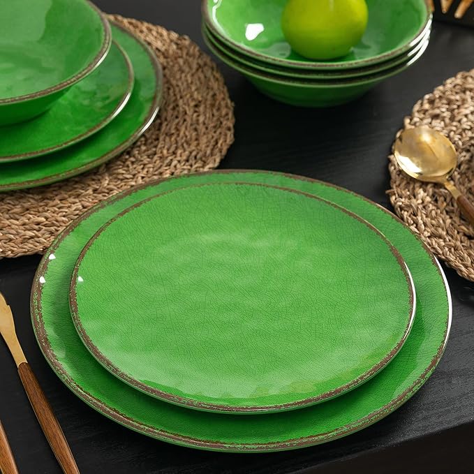 LEHAHA Vintage Crackle Melamine Dinnerware Sets, 12 Piece Plates and Bowls Sets, Great for Camping, RV. Durable and Chip Resistant Farmhouse Dishes Set, Service for 4(Green)