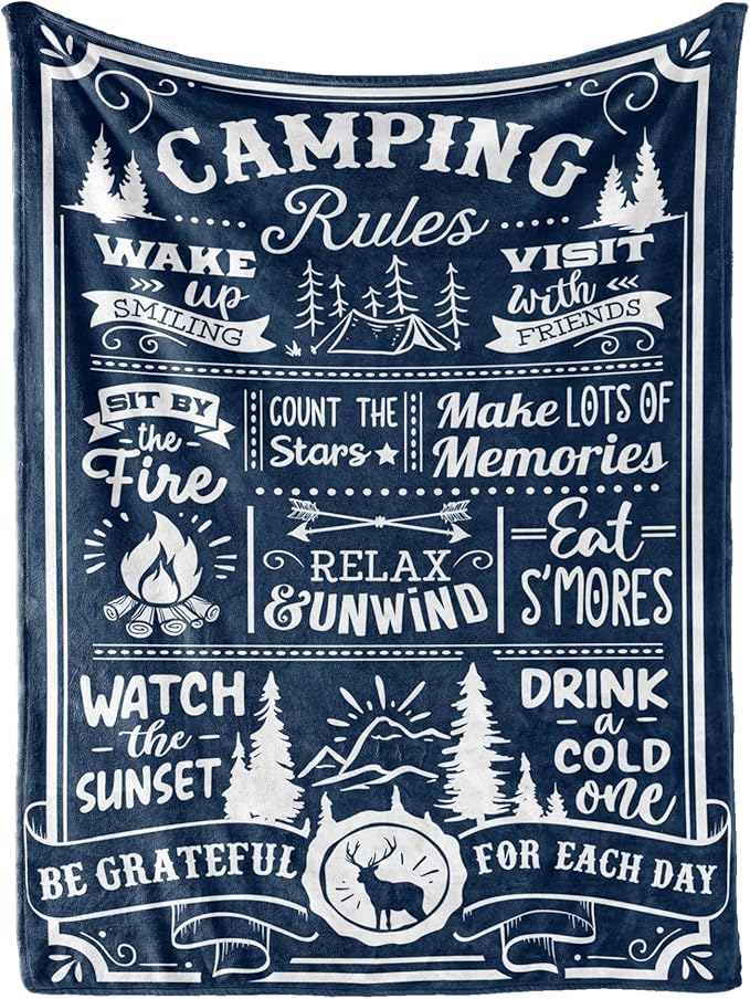 InnoBeta Camping Gifts for Women Men Lovers Throw Blanket, Happy Campers Decor Outdoor, RV Campsite Travel Hiking 50" x 65" - Camping Rules