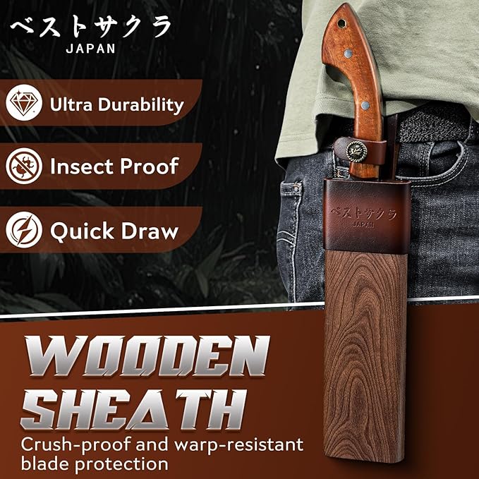Golden Bird Parang Machete Knife - 9.5 Inch Heavy Duty Machete for Cutting Trees,Bushcraft,Survival,Outdoor Hunting and Camping - Full Tang with Wooden Sheath - Yard Work Tool, for Men
