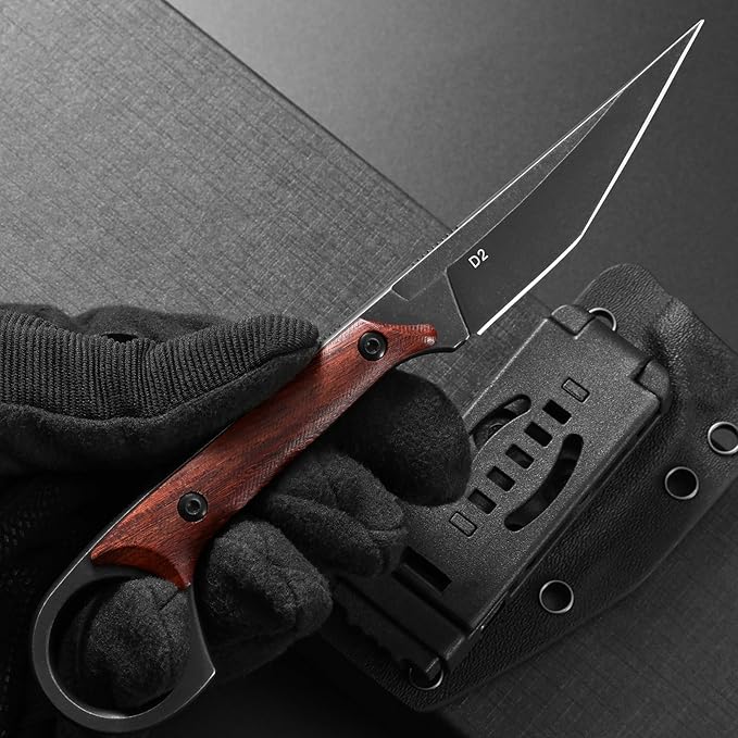 Ccanku C1140 Fixed Blade Knife,D2 Blade Dalbergia Handle Claw Knife for Outdoor, EDC Tool, Survival, Hiking, Camping(Dalbergia)