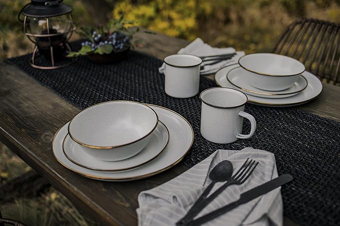 Barebones Enamel Deep Plate - Set of 2 Dinner Plates - Hand-Finished Baked Stainless Steel Trim Plate Set - Camping Kitchen and Dish Set (Eggshell)