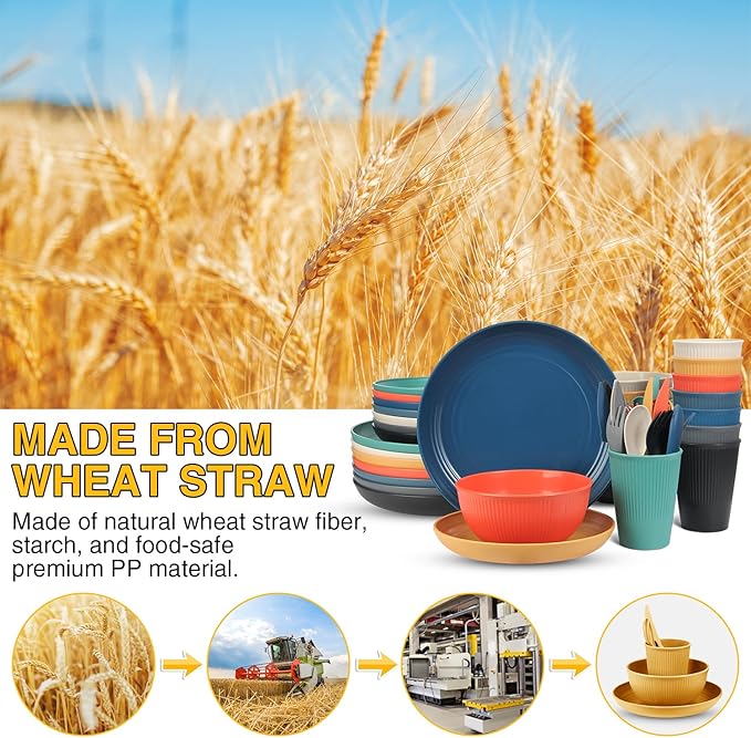 LAERJIN 56 Piece Wheat Straw Dinnerware Sets, Service for 8, Unbreakable Reusable Dinnerware Set,Dishwasher & Microwave Safe Plates and Bowls Sets, for Apartment Essentials, Outdoor Camping, Colourful