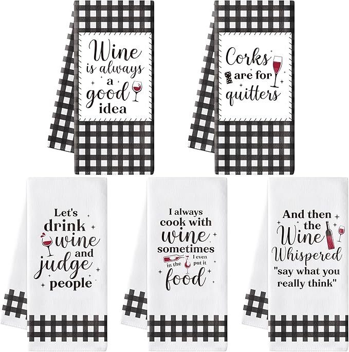 R HORSE Funny Kitchen Dish Towels - 5Pcs Funny Wine Kitchen Hand Towels, Cute Absorbent Cleaning Dishcloth Bathroom Home Decor for Wine Lovers Girls Women Hostess Housewarming Gifts