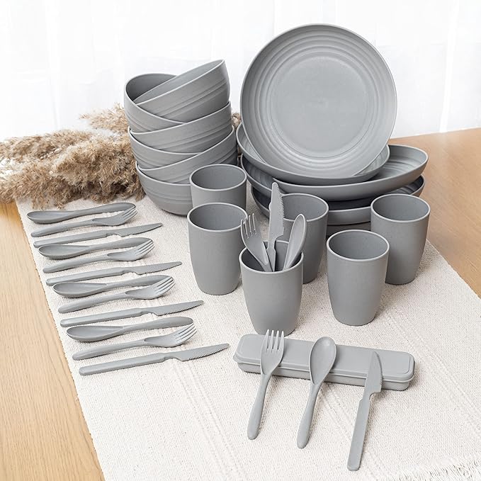 FOODLE Wheat Straw Dinnerware Set - BPA Free & Safety Certified - Unbreakable, Microwave & Dishwasher Safe - Dorm & RV Dishes - Camping Plates Cups and Bowls Set - Great for Kids & Adults - For 6