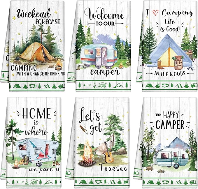 Macarrie Camping Kitchen Towels Set of 6 Dish Hand Tea Towels Kit Printed with Funny Sayings Bonfire Tent Car Novelty Gifts for Campers Happy Camper Camping Accessories for Rv Campers, 21 x 14 Inches