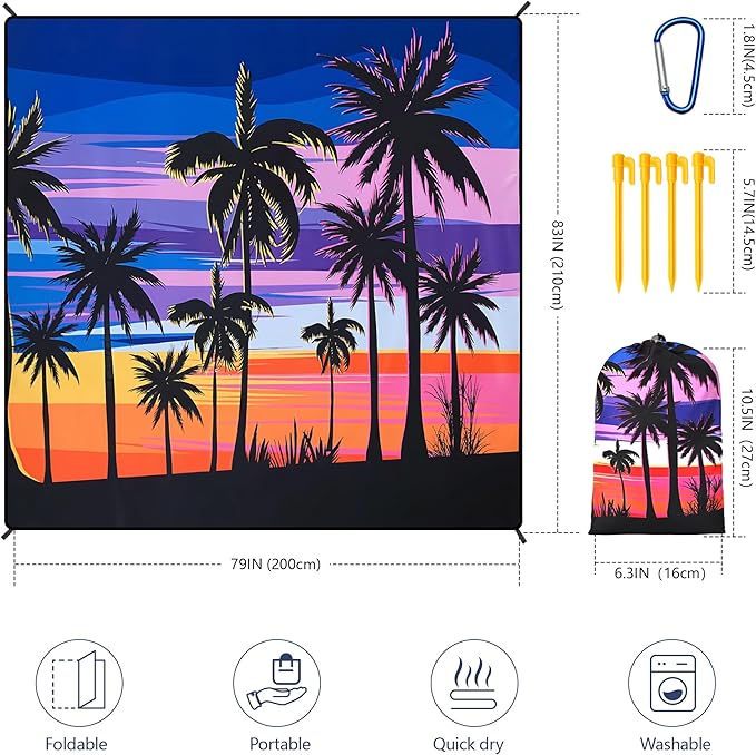 WIWIGO Beach Blanket Waterproof Sandproof Beach Mat 79" X 83"/10'x9'for 2-8 Adults Quick Drying Outdoor Picnic Mat Beach Accessories for Travel, Camping, Hiking