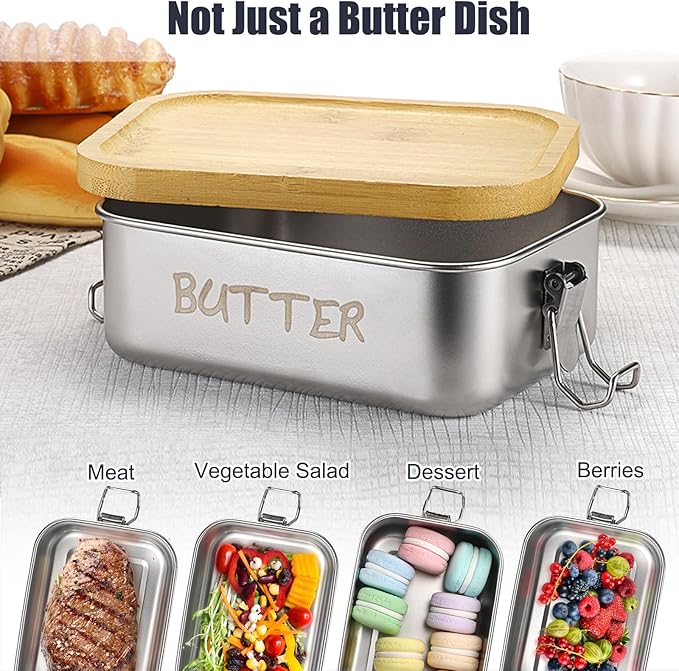 BSTKEY Butter Dish with Lid for Countertop, Stainless Steel Butter Holder Container with Silicone Sealing, Unbreakable Butter Keeper for Kitchen, Holds 1 Stick West or 2 Sticks East Coast Butter