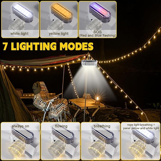 Camping String Lights for Camping Essentials Gear Waterproof, 21ft Hanging Lamp 3000LM for Outdoor Camping Awning Accessories, 2025 Upgraded LED Rechargeable Tent Rope Lights for Camper Decor (White)